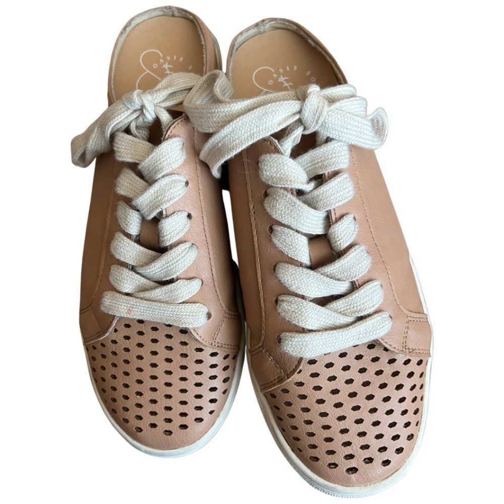Perforated Tan Slide-On Tennis Shoes